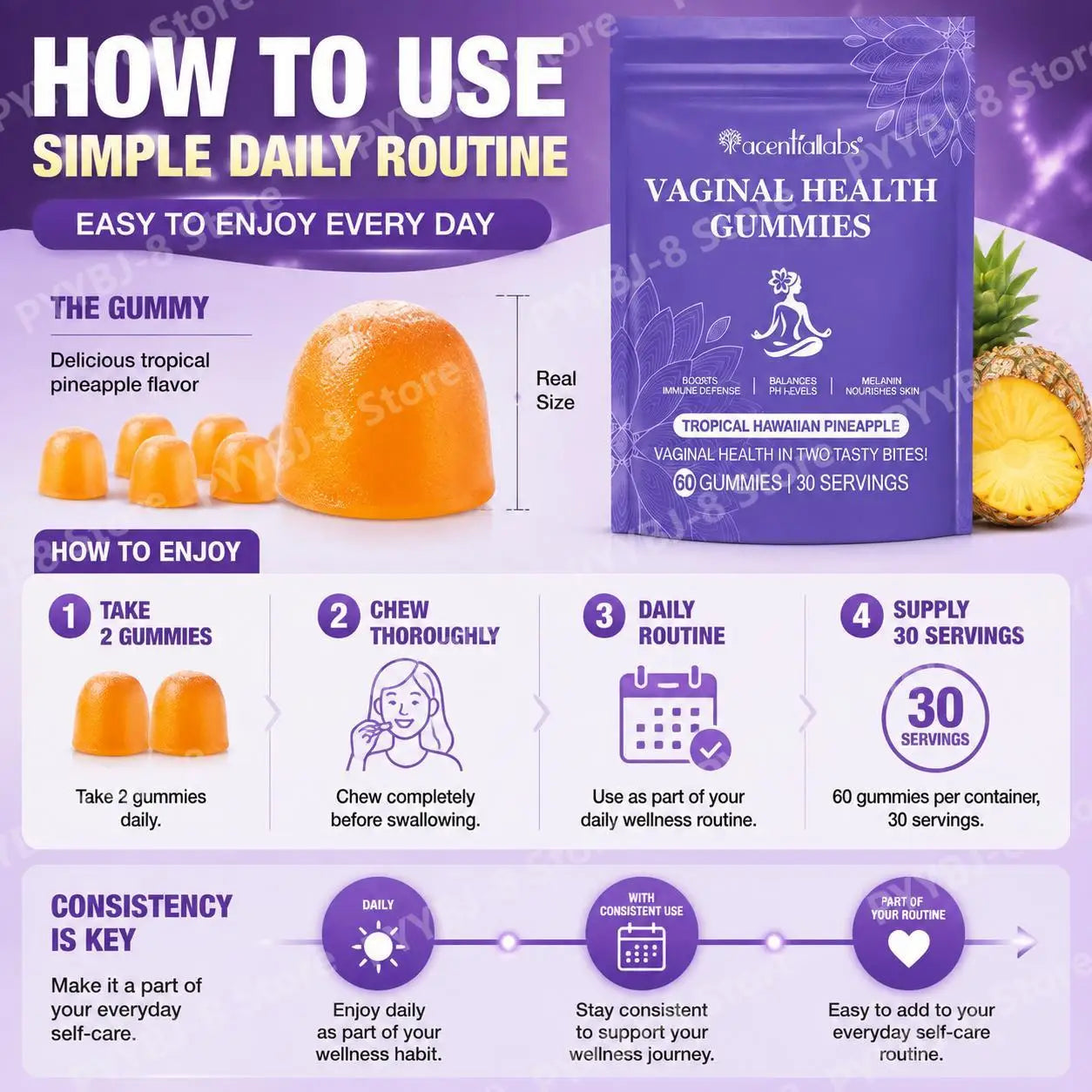 Acentiallabs Vaginal Health Gummies with Bacillus Coagulans and Vitamin C, Supports Immune Defense and PH Balance, 60 Gummies