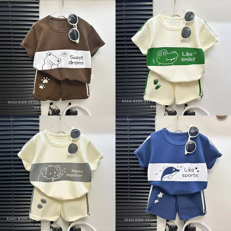 Traje de manga corta para niños, conjunto a rayas para niñas y niños, Tops de verano + ropa corta para bebés, ropa para niños 2024