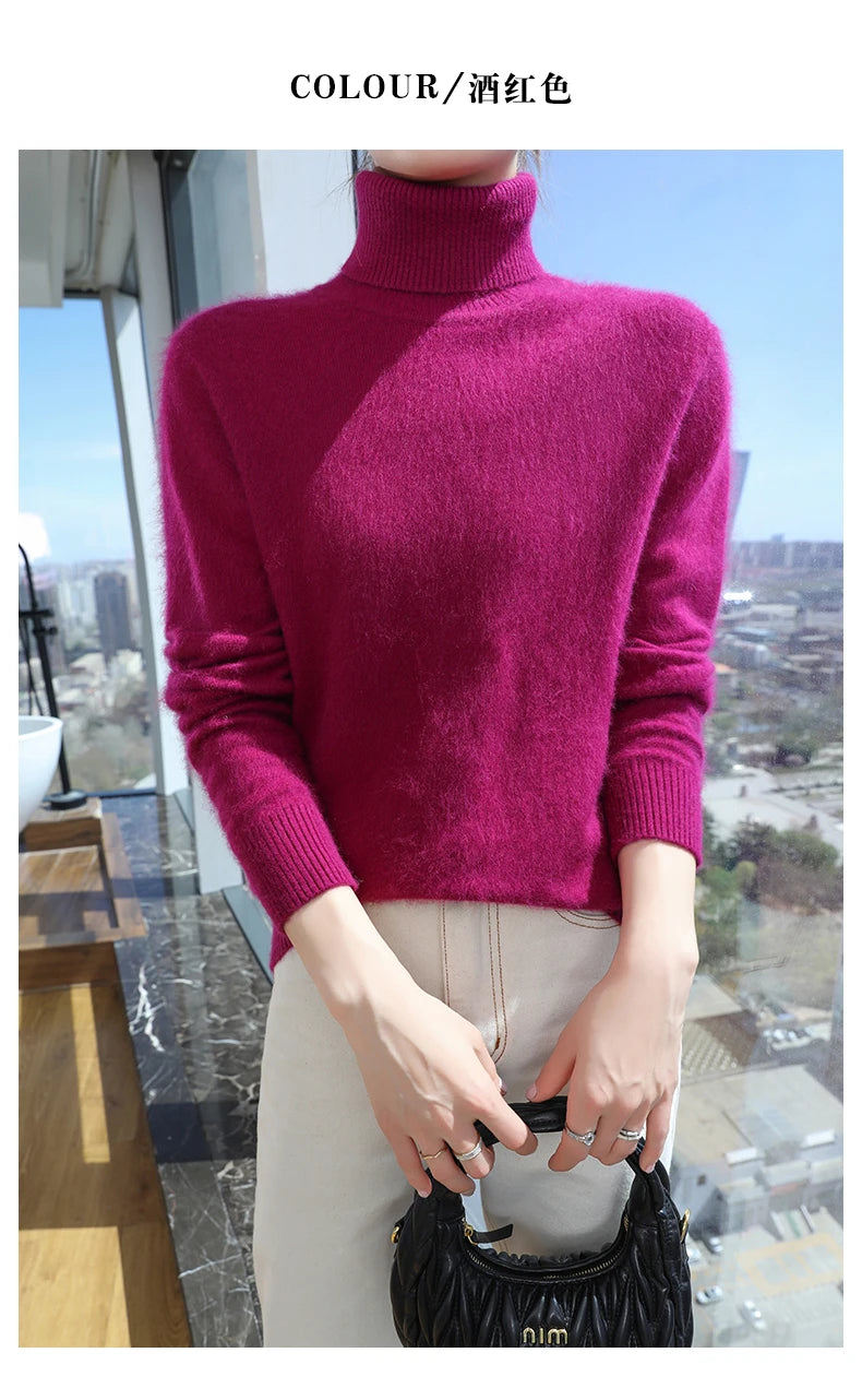 100% Mink Cashmere Top-Lapel Women Sweater Long-sleeves Fashion High-elasticity Sexy Winter Knitted Pullover Girl Tops 2024