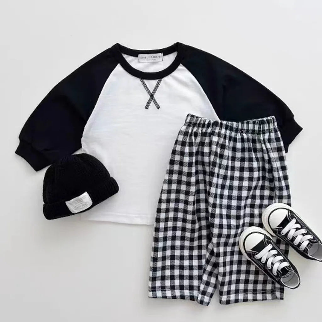 Autumn New Baby Long Sleeve Clothes Set Infant Girl Letter X Embroidery T Shirts + Plaid Pants 2pcs Suit Toddler Boy Outfits