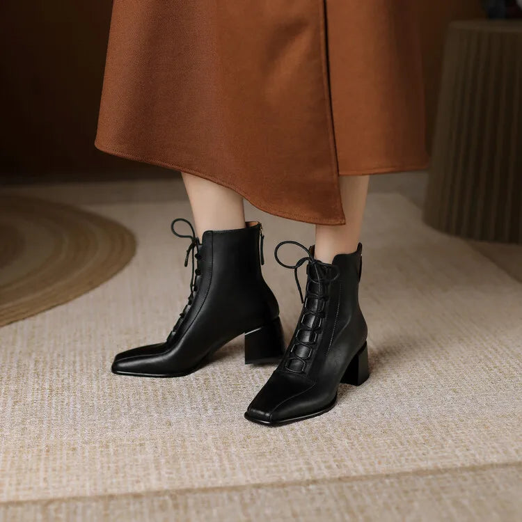 2022 Autumn Women Boots Square Toe Back Zipper Women Shoes Chunky Heels Shoes for Women High Heel Boots Vintage Leather Shoes