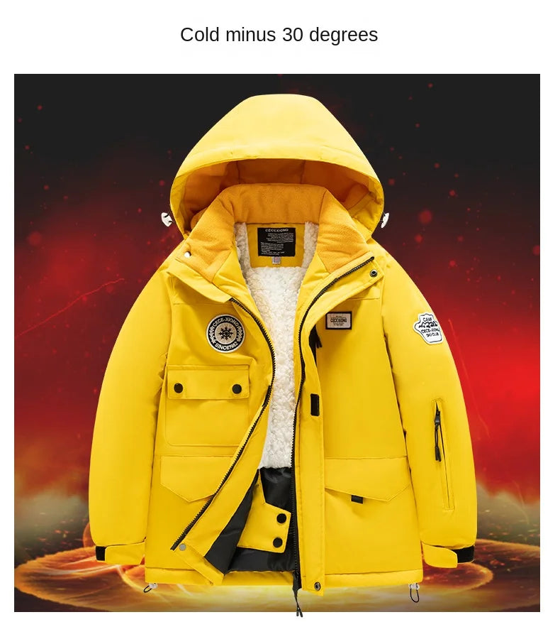 Winter children's skiing suit for boys and girls, windproof and waterproof thick coat for warmth and snow playing equipment