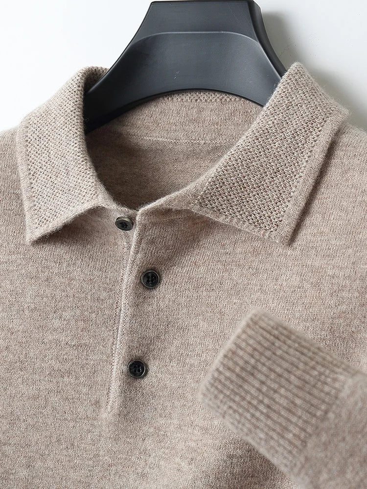 Fashion Autumn Winter New Cashmere Sweater Men's 100% Merino Wool Pullover Casual Loose POLO Knitted Bottom Shirt Jacket Shirt