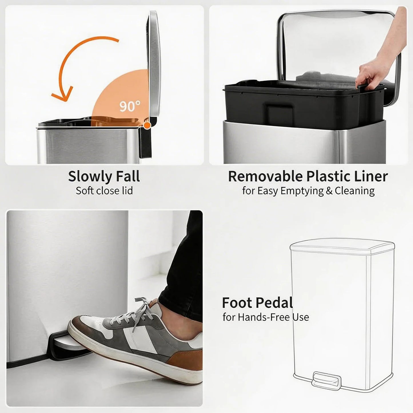 Fingerprint-Proof 13 Gal Pedal Trash Bin Stainless Steel Kitchen Wastebasket Removable Liner Quiet Lid For Office Garage