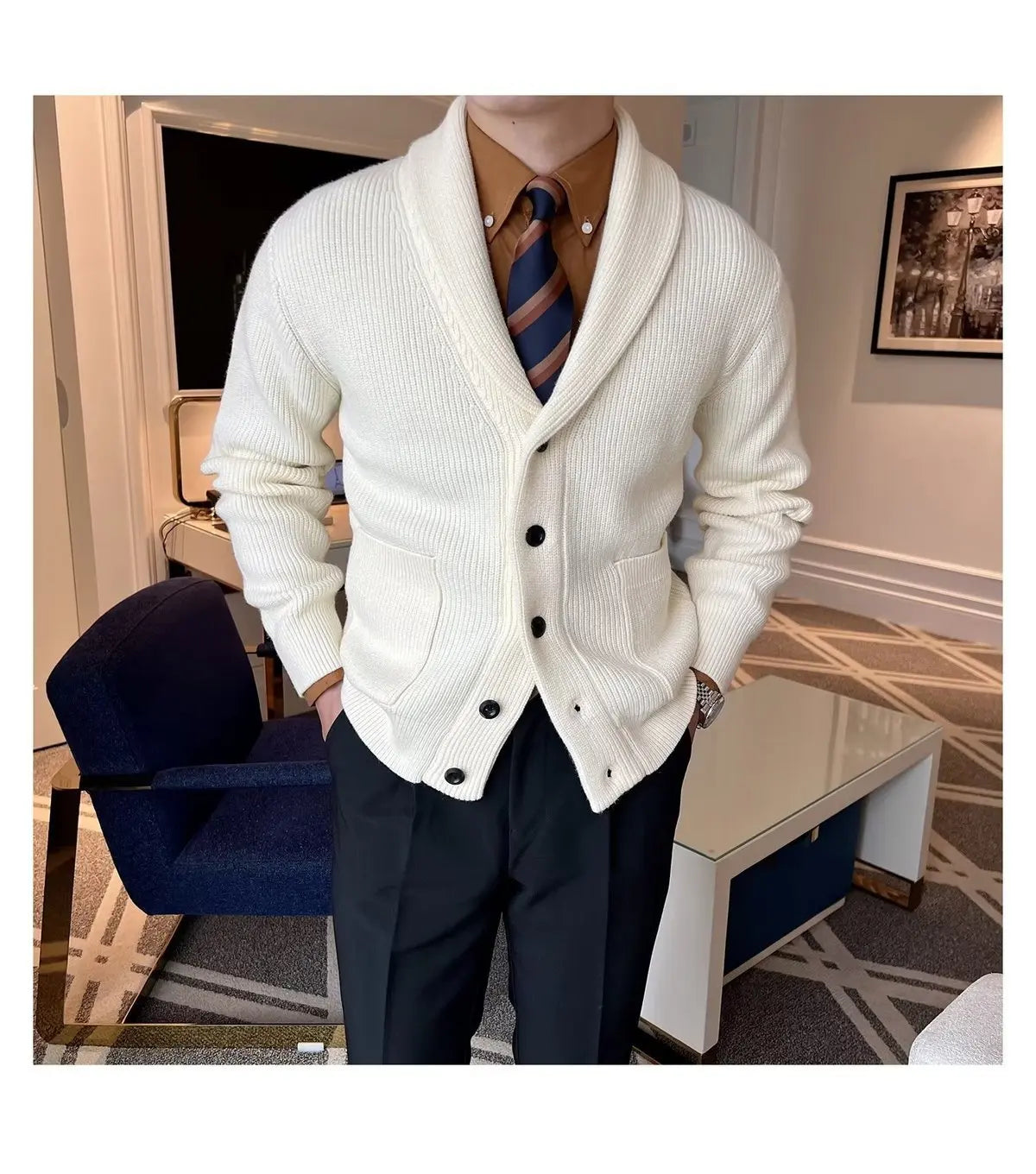 Men's Clothing Cardigan Jacket V Neck Coat Knit Sweater Male Plaid Elegant Casual Long Sleeve 100% Korean 2024 Autumn Classic