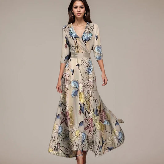 Summer A-Line Long Dresses Elegant Women's Retro Printed Three Quarter Sleeve Vestido Fashion Slim Fit Draped Ankle-Length Dress