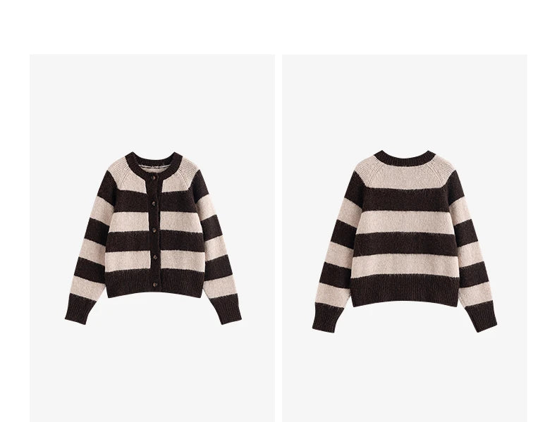 TOYOUTH Women Sweater 2025 Autumn New Color Contrasting Lulu Style Striped Cardigan Tops