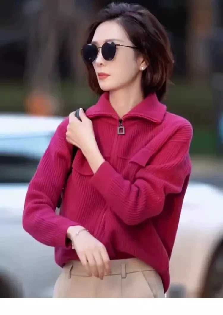New 100% pure cashmere cardigan in autumn and winter women's POLO collar cashmere rose red coat knitted hooded sweater