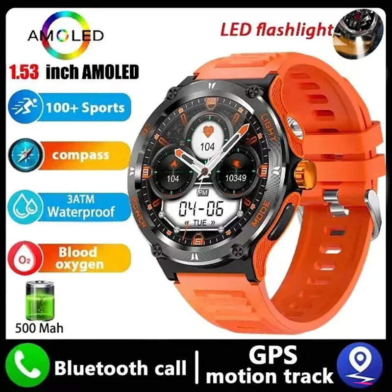 New Flashlight watch For  GPS NFC Smart Watch Men  AMOLED Screen Heart rate Bluetooth Call IP68 Waterproof Man Watch 500mAh