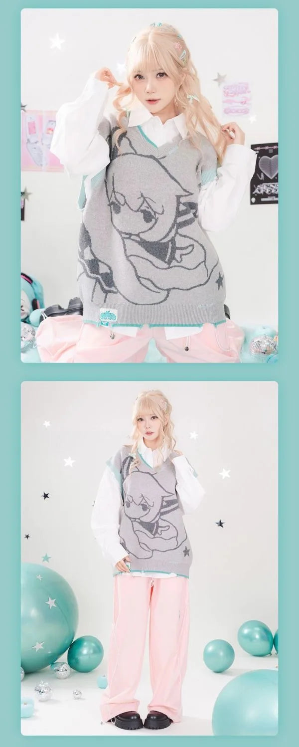 Moeyu Hatsune Miku Women Sweater Vest Sleeveless Vests Men Harajuku Winter Autumn Woman Clothing Top Knitwear Vest for JK Shirt