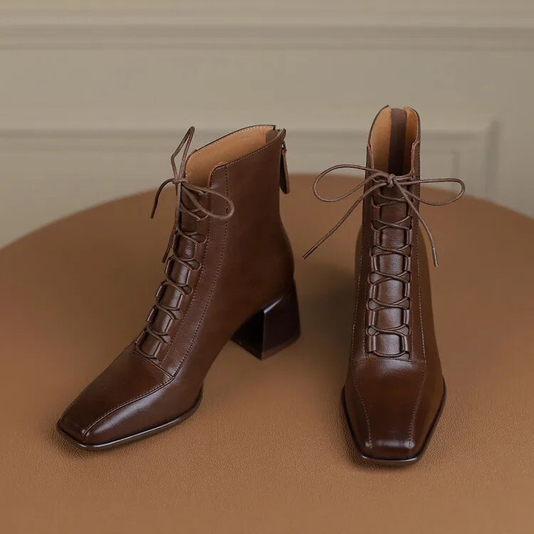2022 Autumn Women Boots Square Toe Back Zipper Women Shoes Chunky Heels Shoes for Women High Heel Boots Vintage Leather Shoes
