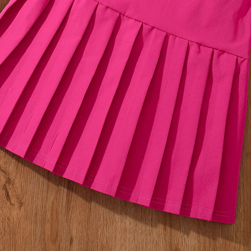 2024 New Children's Fashion Clothes Sets For Kids Girl Black Smiley T-shirt And Rose Red Pleated Skirt High Quality Korean Style