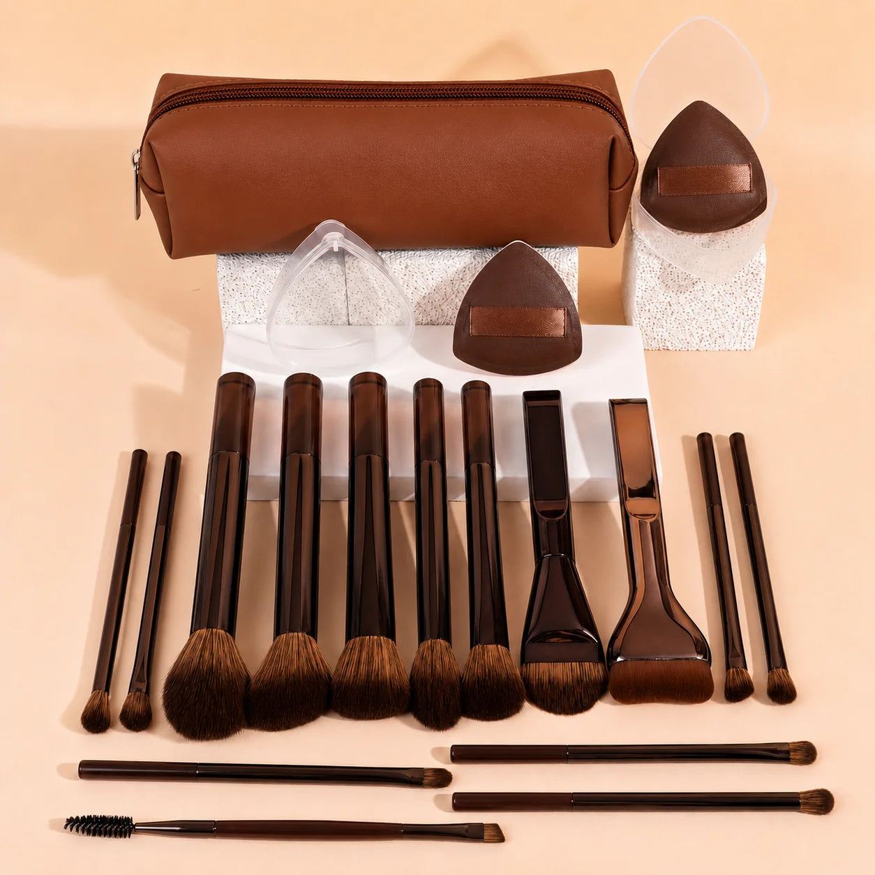 Makeup Brush Set - 18pcs High-Value Multi-Functional - Including 15 Makeup Brushes + 2 Powder Puffs + Makeup Bag - Travel-Friend