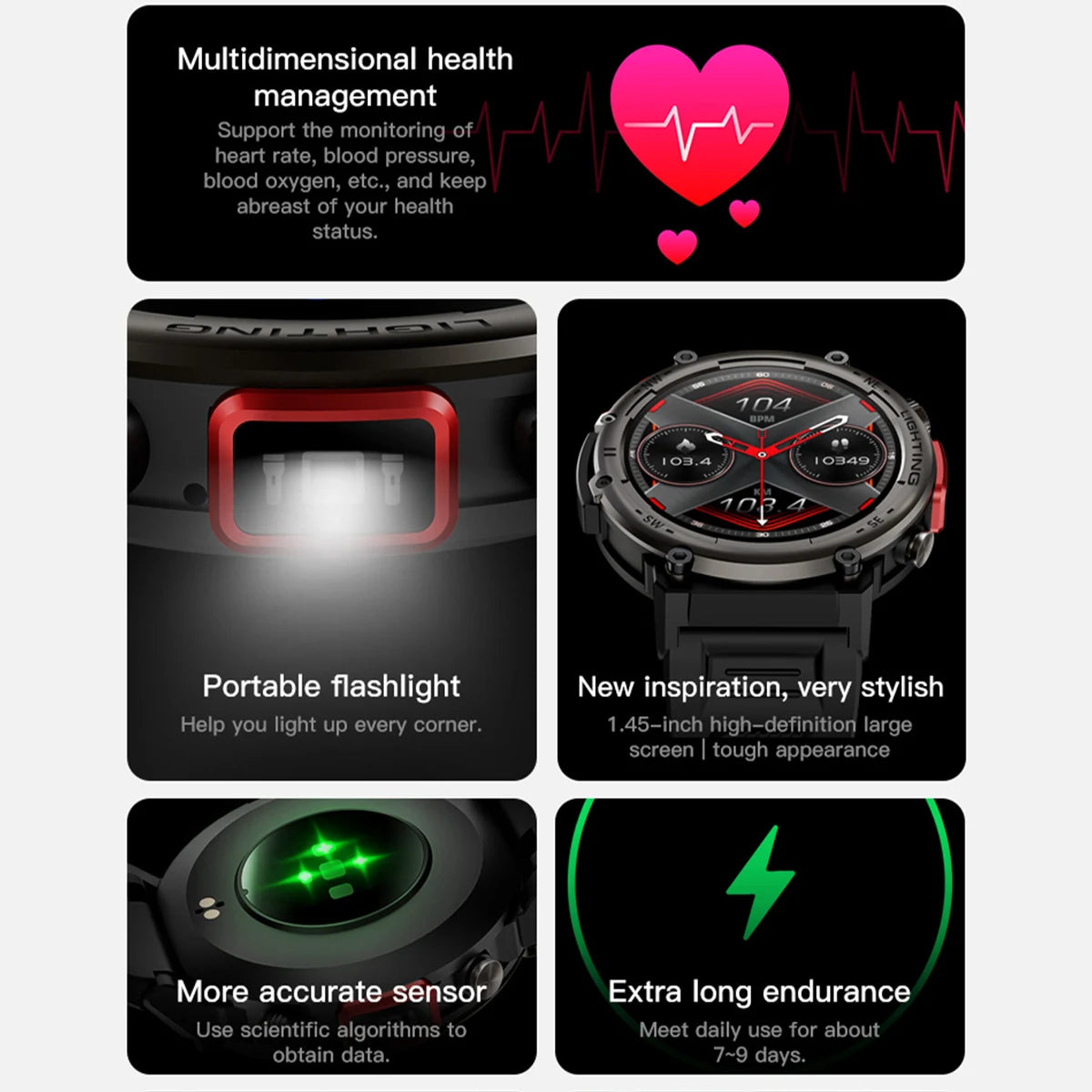 Imosi Hot Outdoor Smart Watch Men With Flashlight Sport Fitness Bracelet Blood Pressure IP67 Waterproof Smartwatch For Android