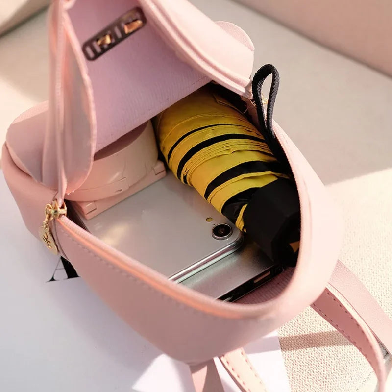 Women's Mini Backpack Luxury PU Leather Kawaii Backpack Cute Graceful Bagpack Small School Bags for Girls Bow-knot Leaf Hollow