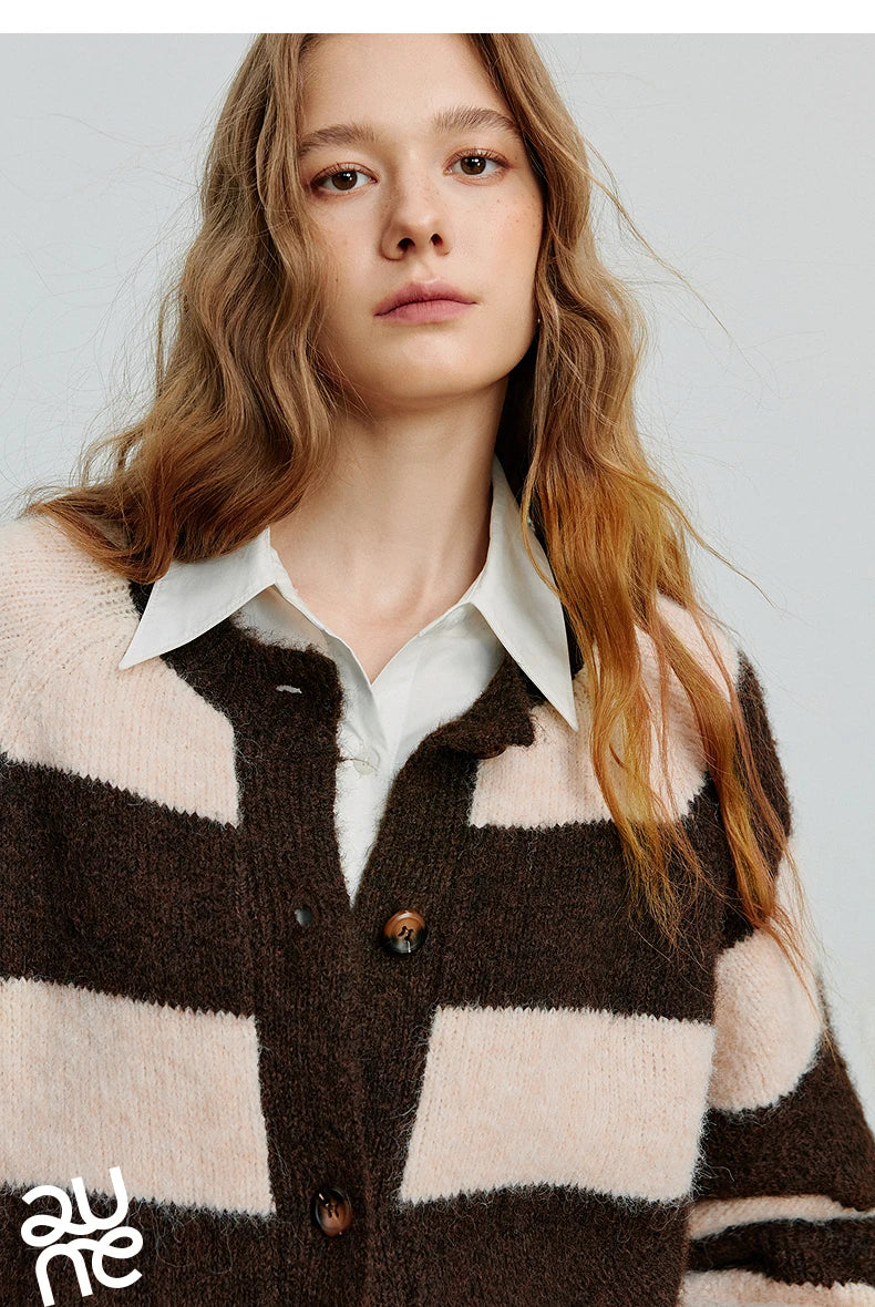TOYOUTH Women Sweater 2025 Autumn New Color Contrasting Lulu Style Striped Cardigan Tops