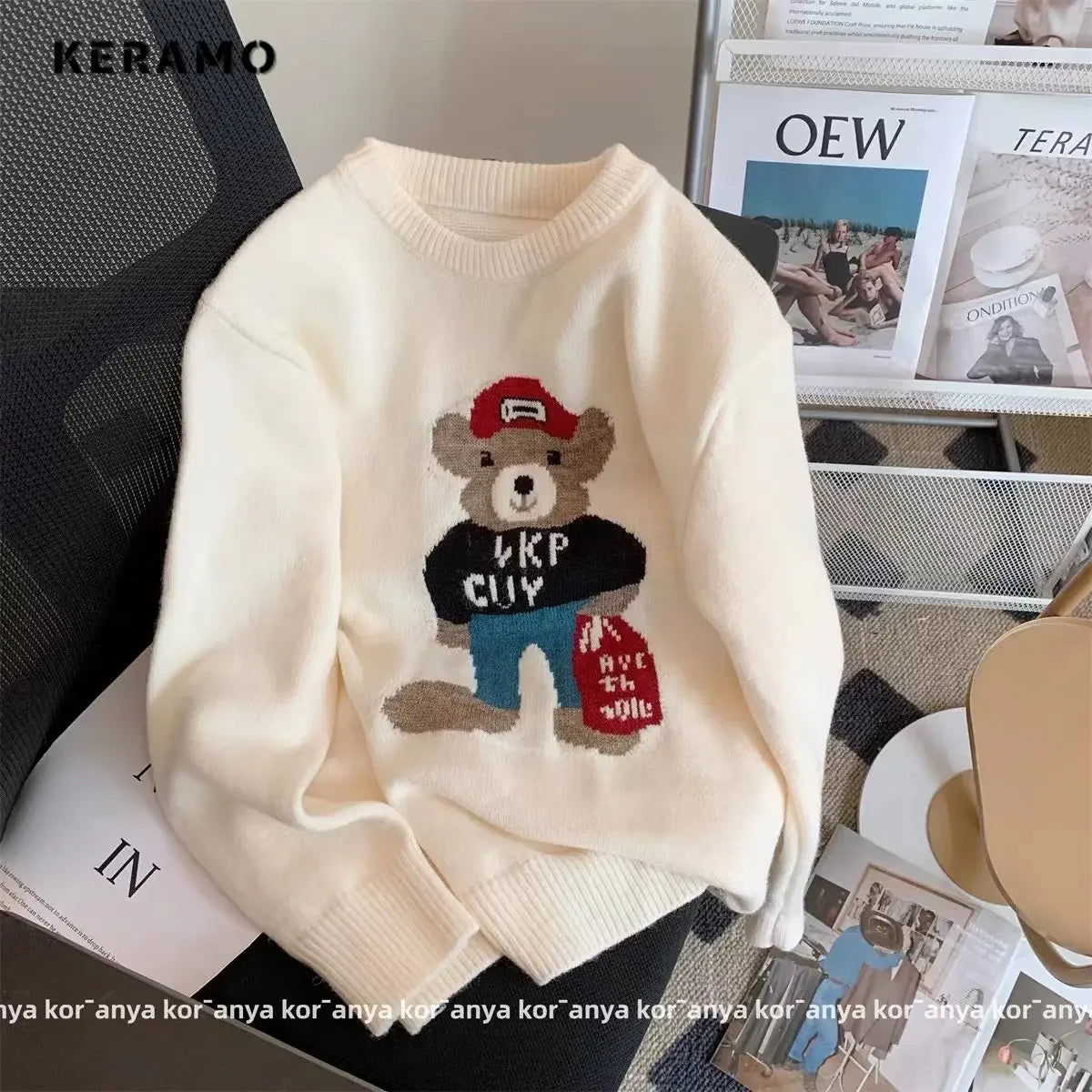 Otoño Invierno mujer cuello redondo oso de dibujos animados suéter Patchwork Harajuku estilo coreano de gran tamaño lindo jersey de manga larga Feamle