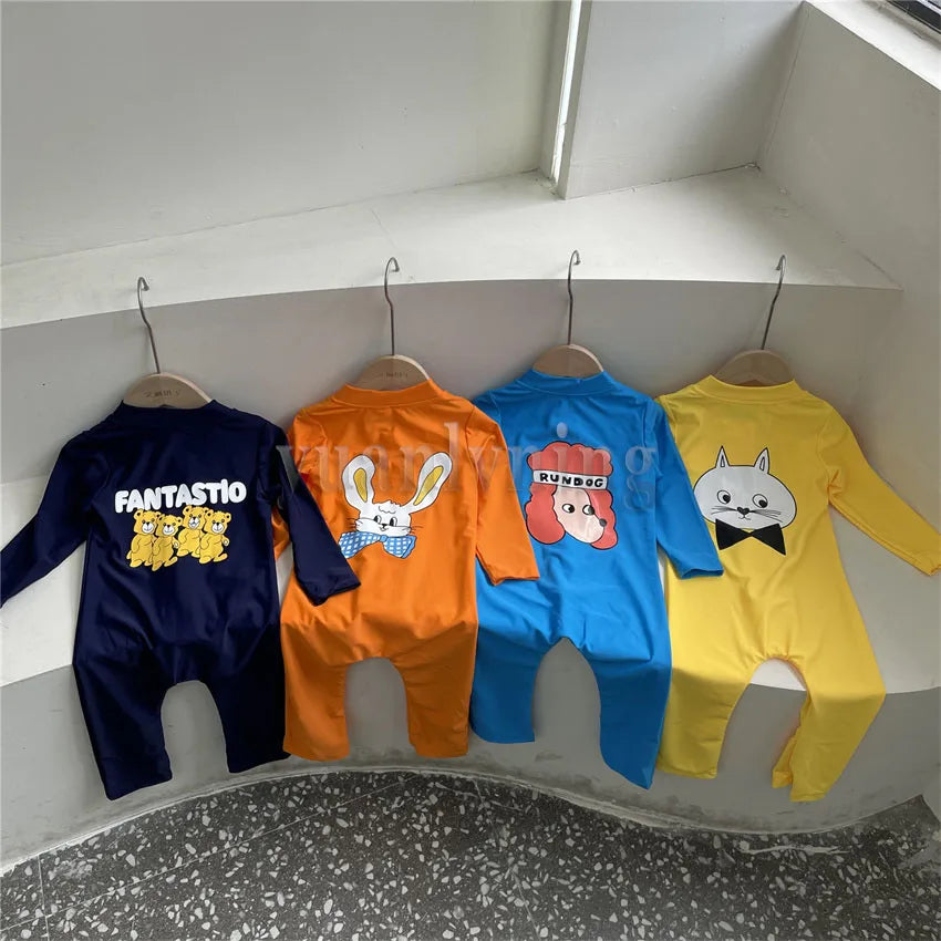 Summer Baby Swimwear Cartoon Kid Long Sleeve One Piece Girls Boys Zipper Swimsuit Children Sunscreen Beach Jumpsuit  Clothes