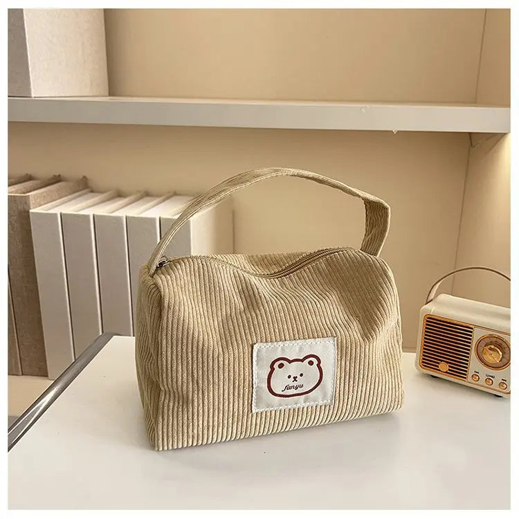 Bear Large Makeup Bag for Women Corduroy Cosmetic bag Make up Bags Zipper Pouch with handle Cosmetic Organizer Toiletry Bag