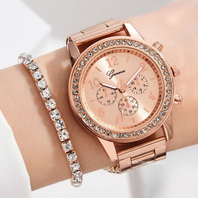 New 6PCS Set Rose Gold Luxury Watch Women Ring Necklace Earring Rhinestone Fashion Wristwatch Casual Ladies Bracelet Watches