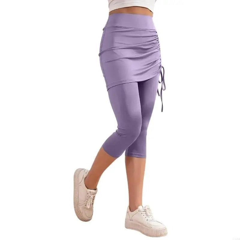 Womens Leggings Tummy High Skirted Leggings Drawstring Side Ruched Fit Workout Bottom 6XDA