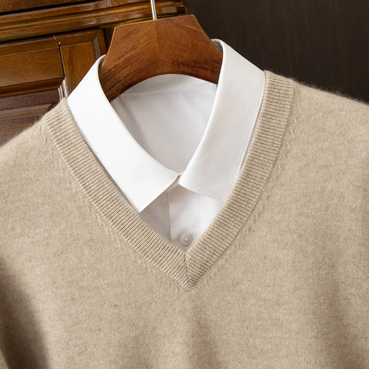 100% Cashmere Men's Pullover Casual Solid Color Knitted Sweater Loose Pull V-Neck Tops Basic Versatile Jumper