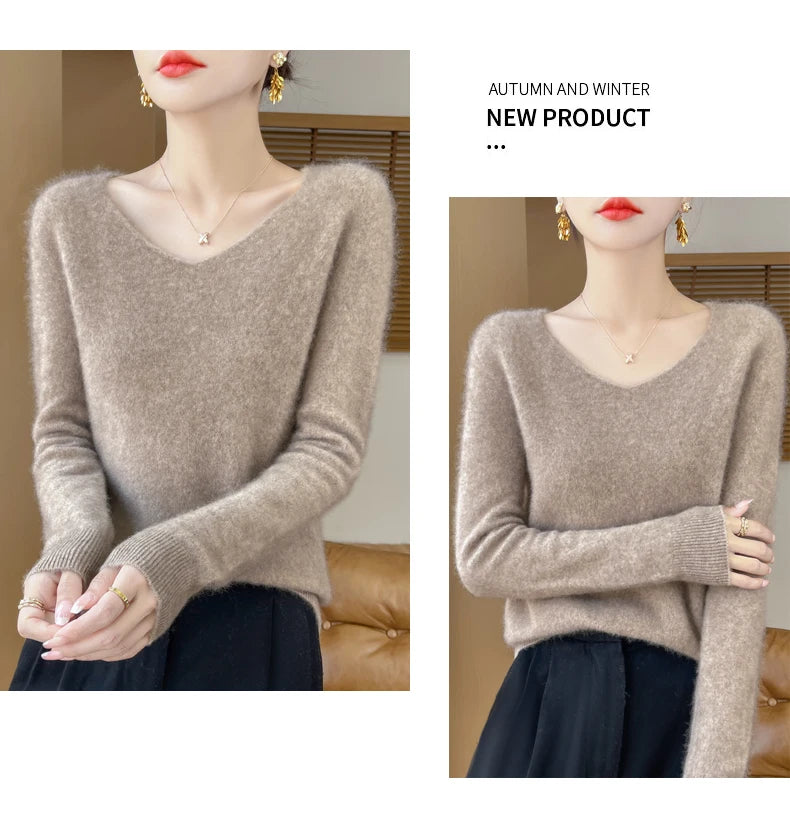 Fashion Pullover 100% Merino Wool Women Sweater V-Neck Long Sleeve Basic Jumper Spring Autumn Winter Clothing Knitwear Tops