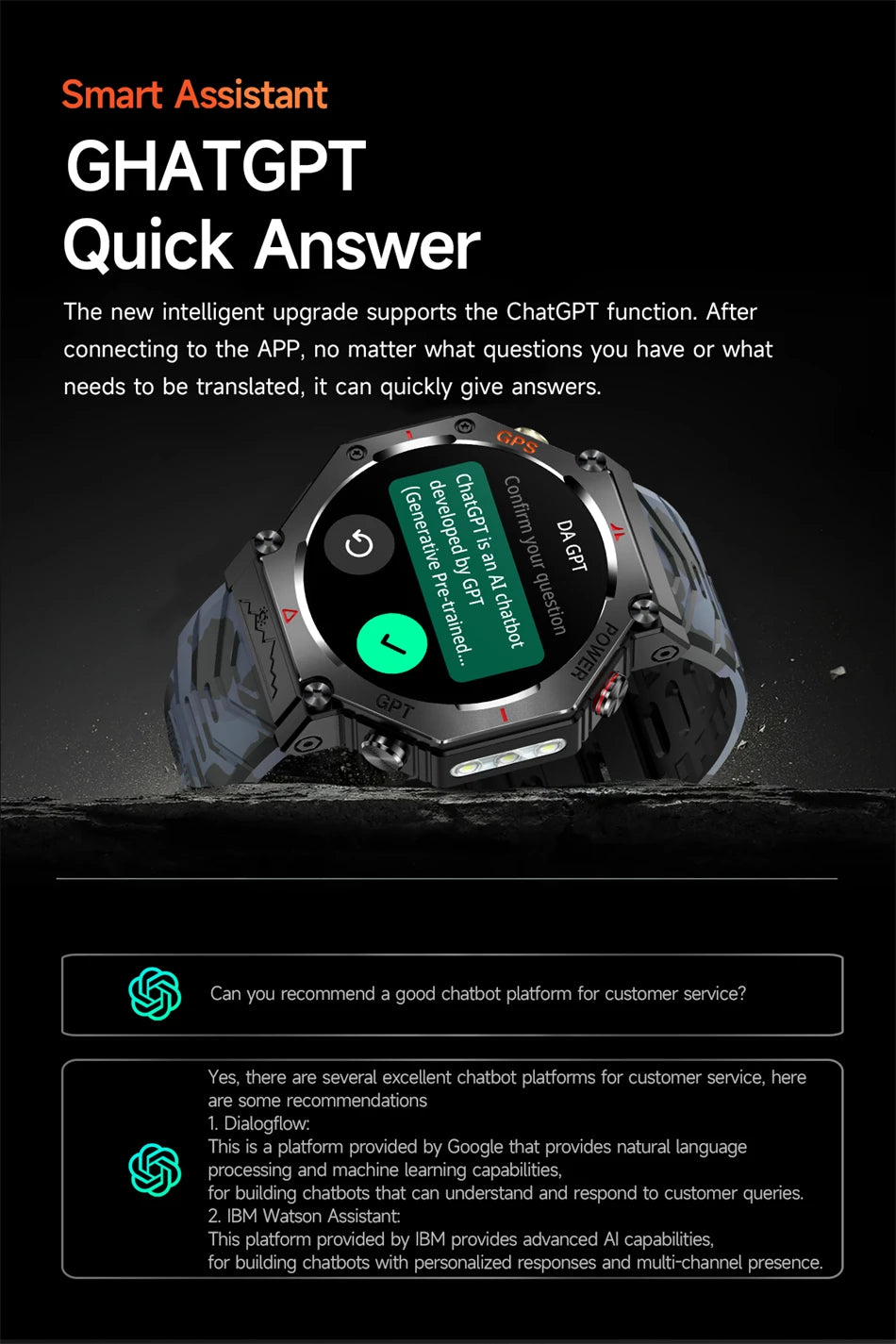 2025 New ChatGPT AI assistant Smart Watch 5ATM Waterproof GPS Built-in Dual-band GNSS Compass Sport Smartwatch Men Woman