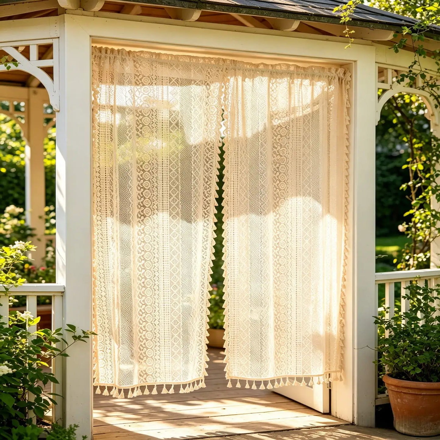 2 Pieces/Set Boho Geometric Hollow Lace Sheer Curtains with Tassel Vintage Patio Door Curtain for Farmhouse Sunroom Kitchen Cafe