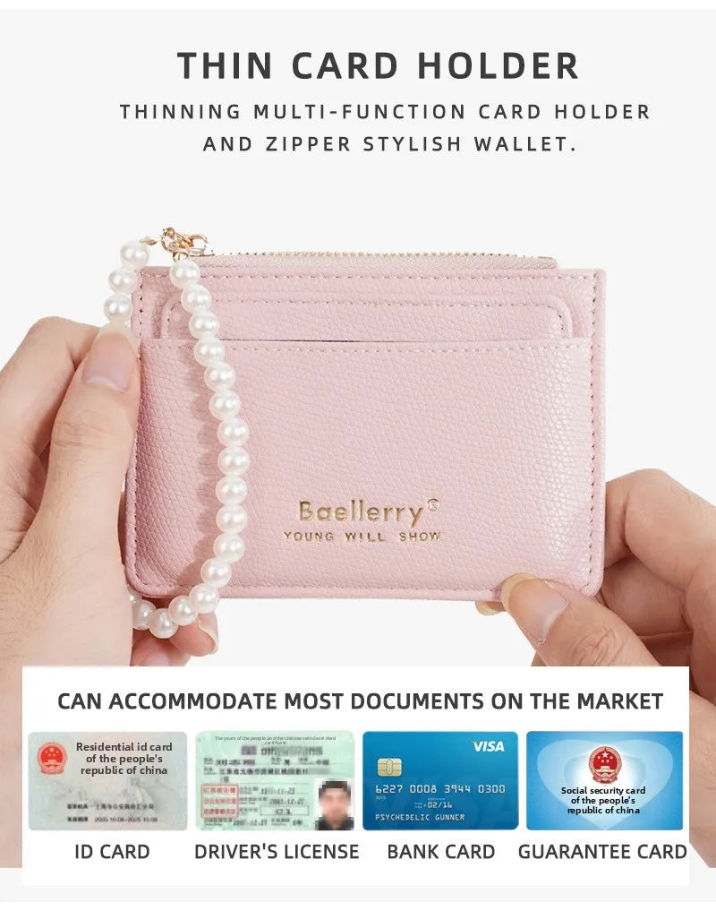 Fashionable Womens Card Case Ins Trend High Class Pearl PU Small Purse