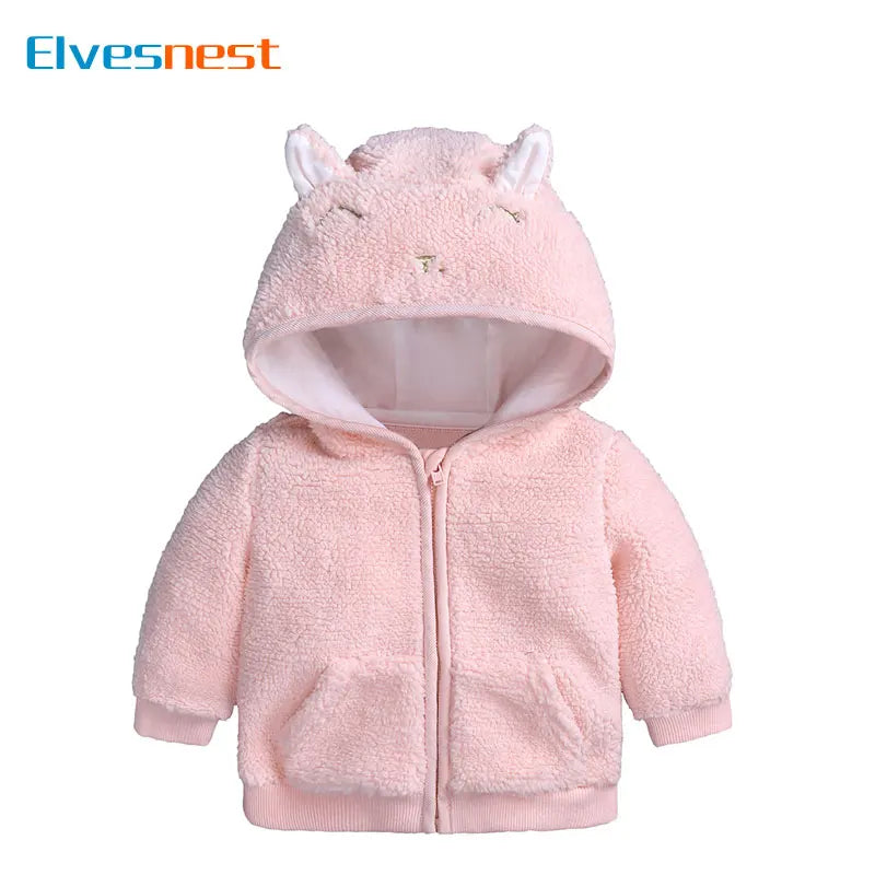 Cartoon Cute Baby Girl Coat Long Sleeve Solid Color Hooded Baby Boys Jacket Winter Warm Zipper Newborn Coat 3-18 Months