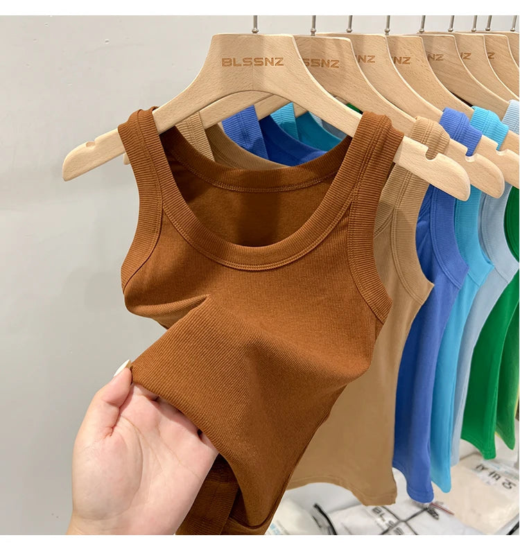 Women Solid Round Neck Ribbed Tank Top Camisole Women 2026 Summer Basic Elastic Tank Top O Neck Solid Tank Top