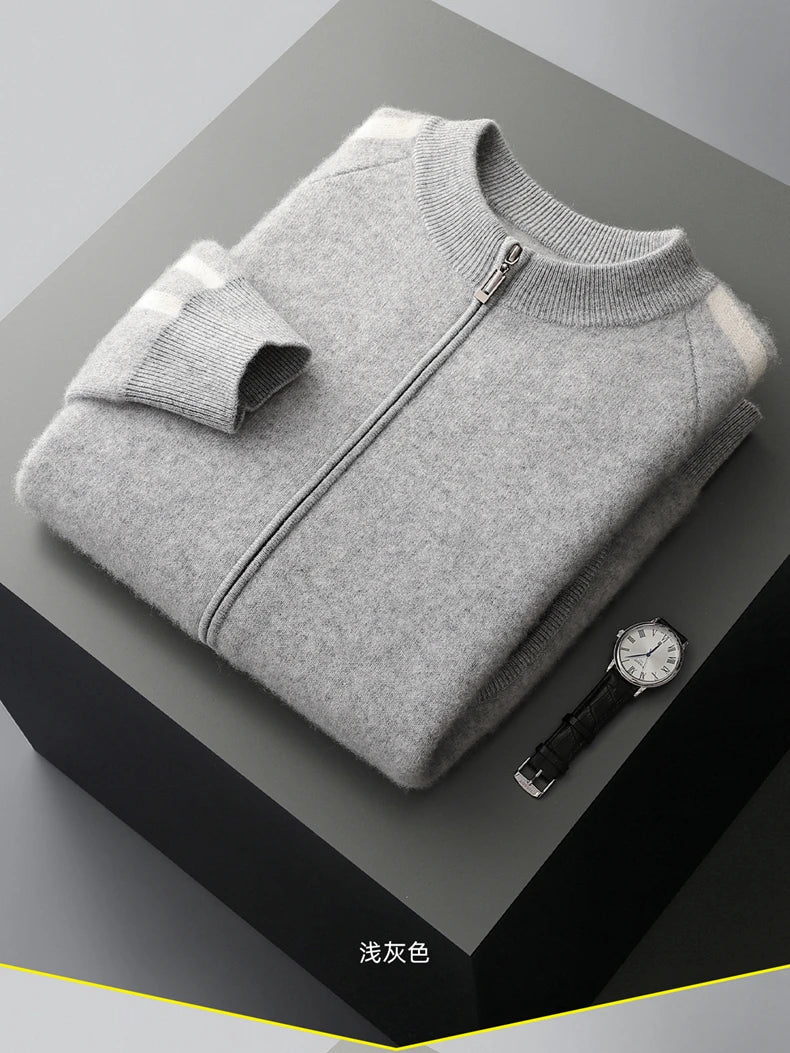 Winter Cashmere Sweater Men's Round Neck Knitted Jacket Contrast Striped Zipper Cardigan Youth Wool Thick Sweater