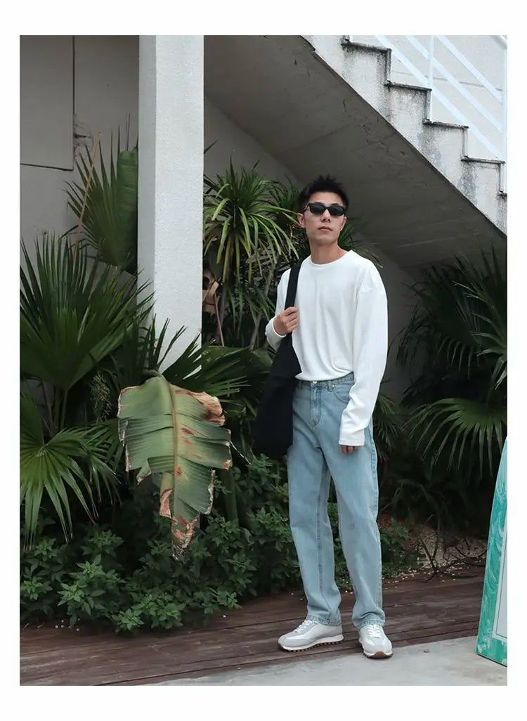 New 2026 Men's Designer High-end Straight-leg Jeans Korean Vintage Light Blue Jeans Menswear Clothing Cowboy Work Pants Man