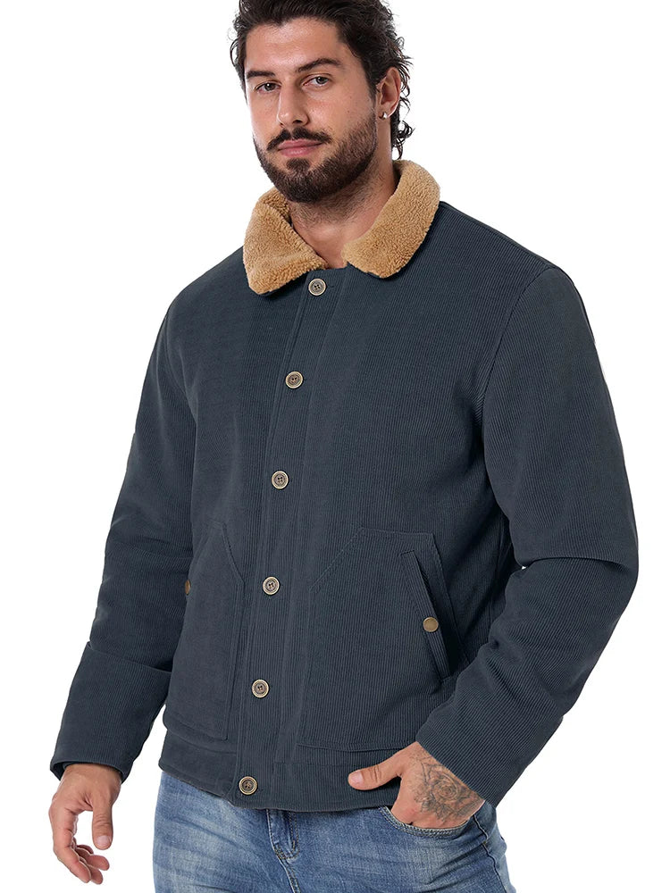 Men's Winter Corduroy Jacket Fleece Warm  Lined Cargo Work Jacket Casual Thick Sherpa Collar Trucker Deck Navy Coats