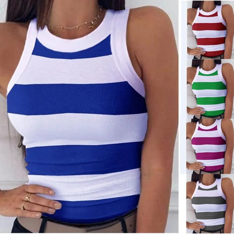Women's Clothing Tops Tanks Camis Digital Printed Round Neck I-Shaped Vest Sexy Summer Striped Sleeveless Vest for Women Vests
