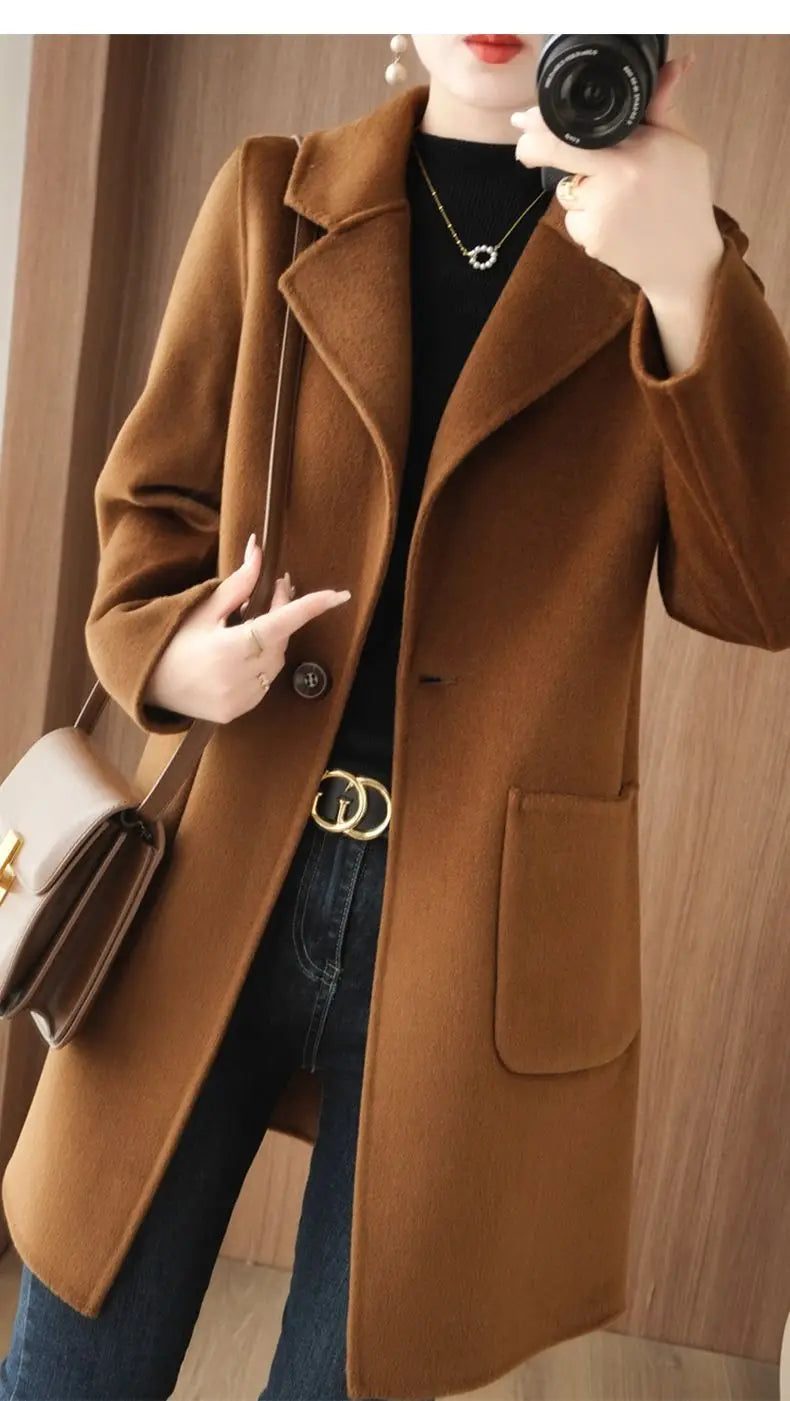 100% Pure Wool Double-Sided Cashmere Jacket Women Overcoat  Autumn Winter New Mid-Length One-Button Slim Wool Windbreakers coat