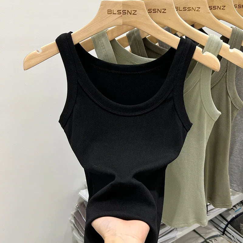 Women Solid Round Neck Ribbed Tank Top Camisole Women 2026 Summer Basic Elastic Tank Top O Neck Solid Tank Top