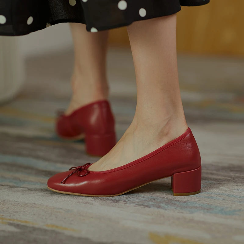2025 Genuine Leather Women Shoes Fashion Butterfly-knot Spring and Autumn Pumps Slip-On Casual Shoes Chunky Heel Size 34-40