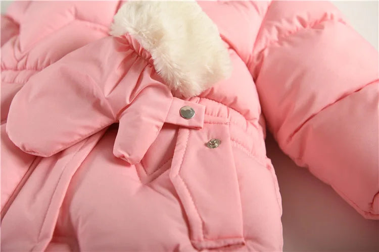 2025 Winter New Girls Jacket Long Solid Color Lining Berber Fleece Thick Warm Hooded Parka For 4-10Y Girls Bow Fashion Snowsuit