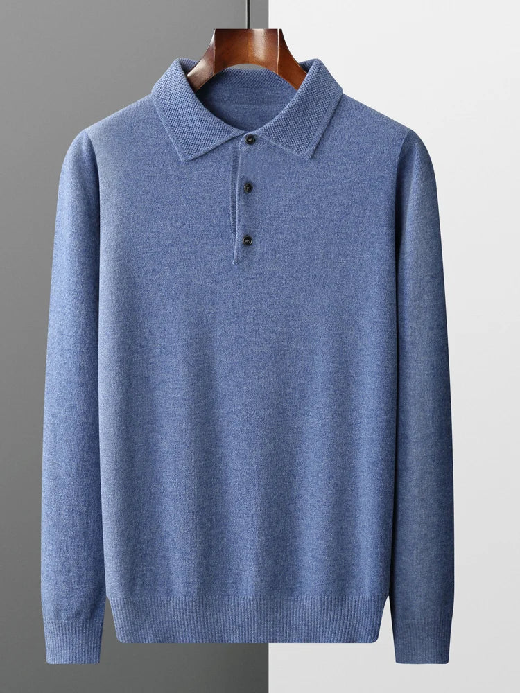 Fashion Autumn Winter New Cashmere Sweater Men's 100% Merino Wool Pullover Casual Loose POLO Knitted Bottom Shirt Jacket Shirt