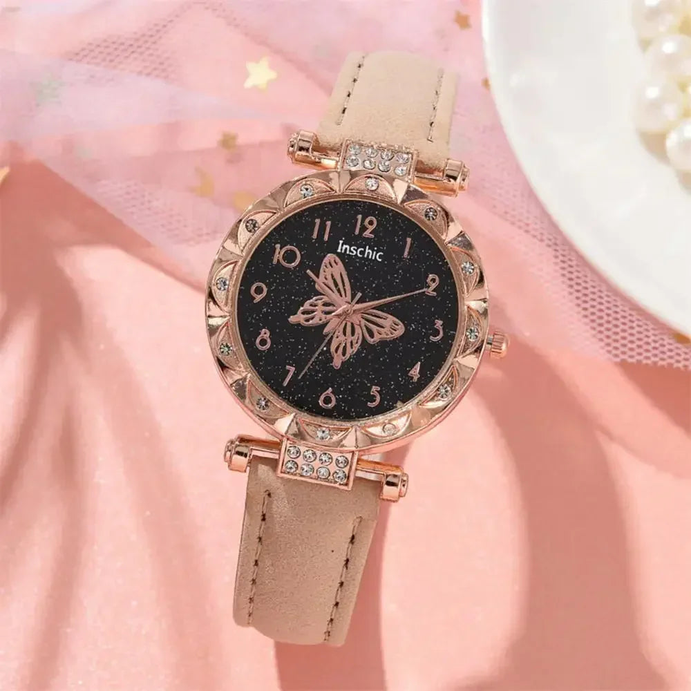 2PCS Set Creative Women Watch Quartz Butterfly Starry Wristwatches Luxury Rhinestone Watches for Ladies Relogios Feminino No Box