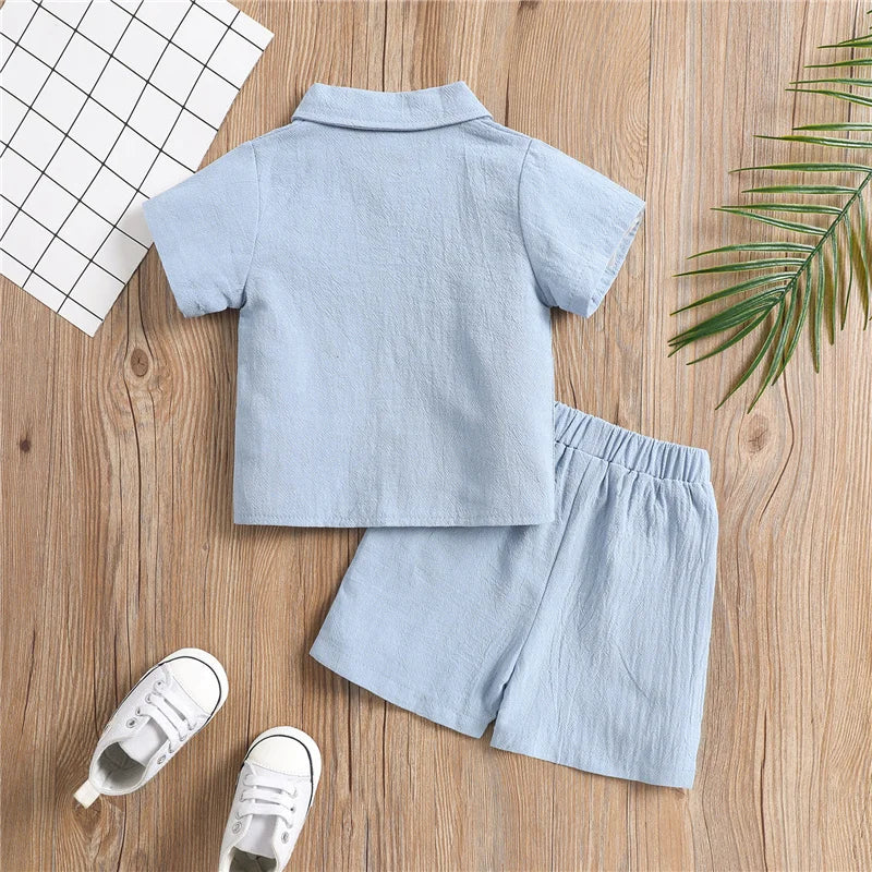 Blotona 2 uds conjunto para niños pequeños, camisa de manga corta con solapa de Color sólido para niños pequeños, Tops + Pantalones cortos de cintura elástica