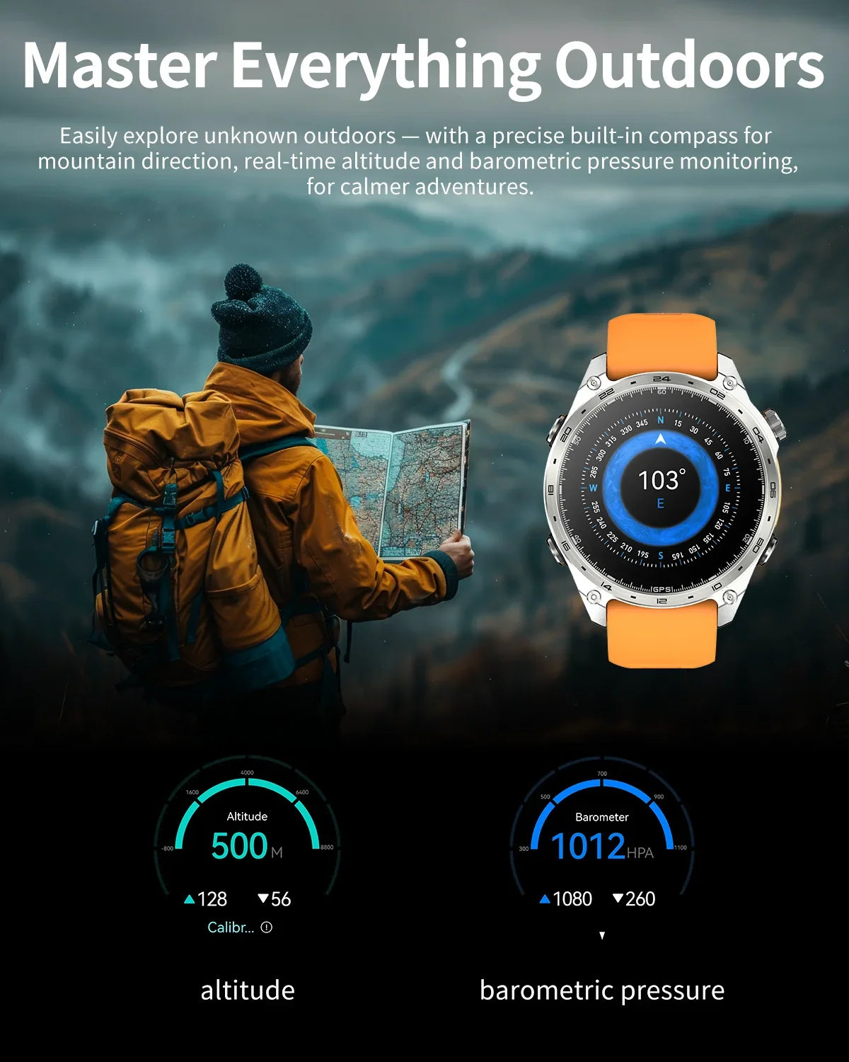 2026 New Smart Watch for Men with Built in GPS Maps 100+ Sport Modes 3ATM Waterproof BT Call MP3 MP4 Playback Altitude Compass