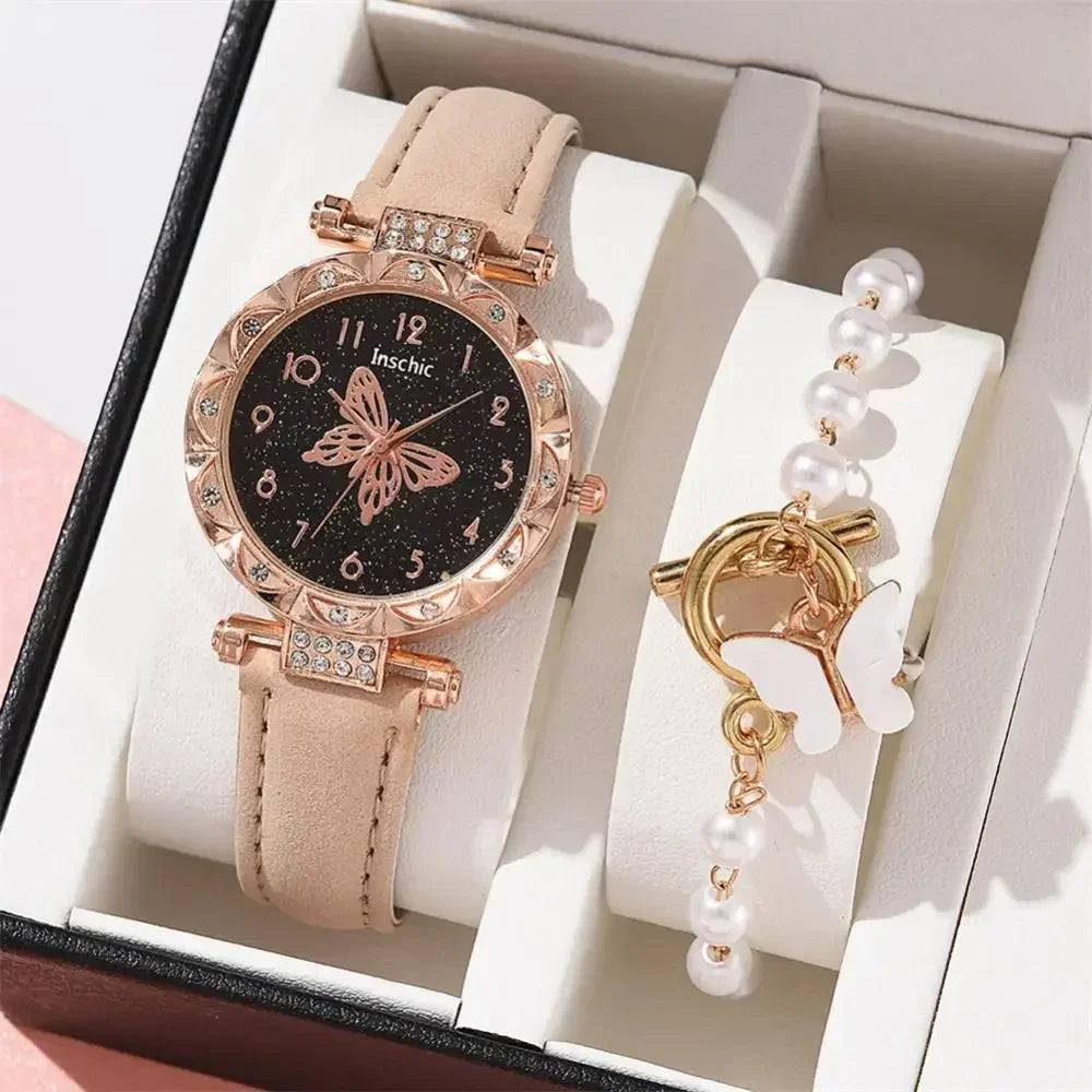 2PCS Set Creative Women Watch Quartz Butterfly Starry Wristwatches Luxury Rhinestone Watches for Ladies Relogios Feminino No Box