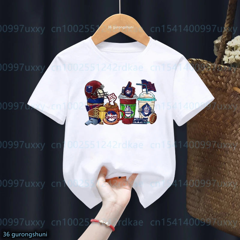 Nueva camiseta para niños, camiseta con estampado gráfico de taza de café de béisbol americano, camiseta de verano para niños pequeños, Top blanco de manga corta