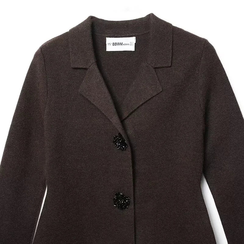 Women's Knitted Blazer Jacket Chic Elegant Jewelry Buttons Cardigan Coat For Women Autumn Winter Casual Long Sleeve Sweater Coat