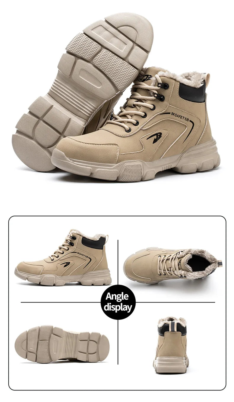 Winter Plush Work Boots For Men Ankle Anti-smash Anti-puncture Safety Shoes Steel Toe Protective Male Footwear Indestructible
