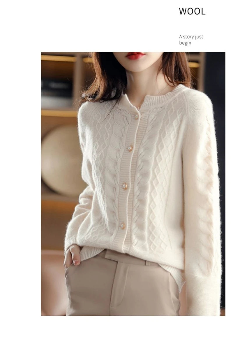 Cashmere Sweater Cardigan Women Single Breasted Long Sleeve Elegant Vintage Jumper Solid Wool Knitted Autumn Winter Outwear