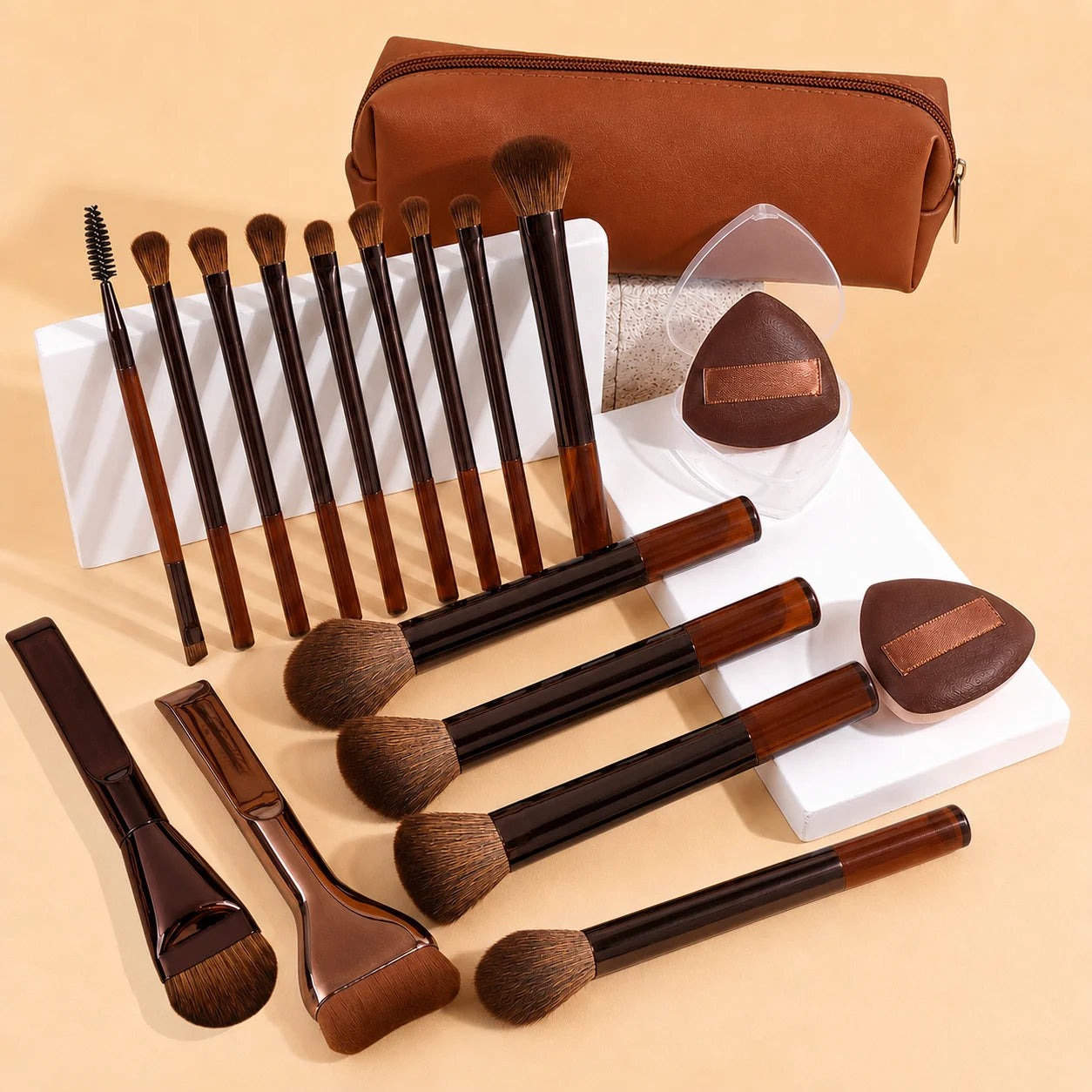 Makeup Brush Set - 18pcs High-Value Multi-Functional - Including 15 Makeup Brushes + 2 Powder Puffs + Makeup Bag - Travel-Friend